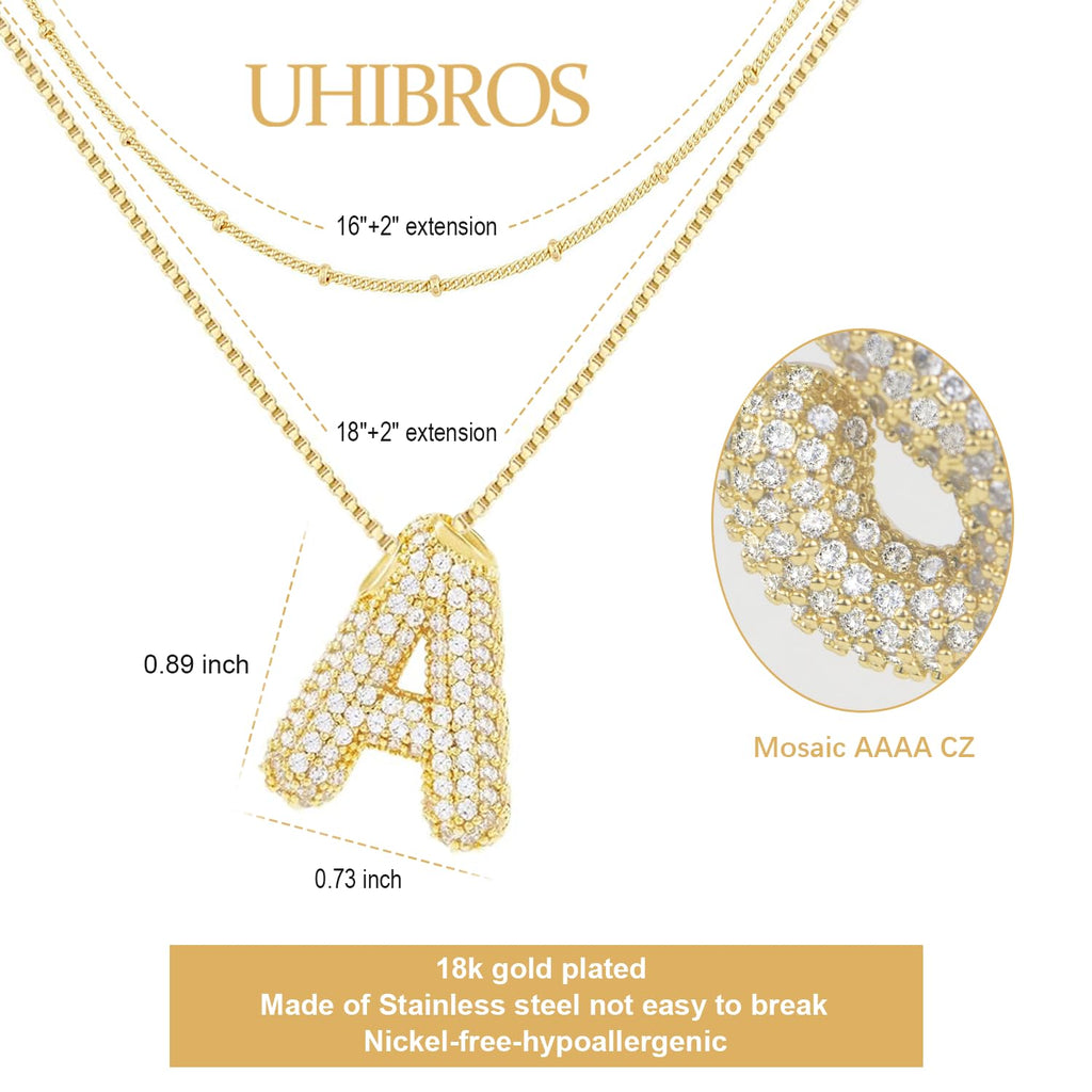 UHIBROS Bubble Letter Necklace, Gold Balloon Initial Necklaces for Women, Cubic Zirconia Dainty Charm Alphabet Pendant, 18K Gold Plated Custom Name Choker, Trendy Puffy Personalized Jewelry