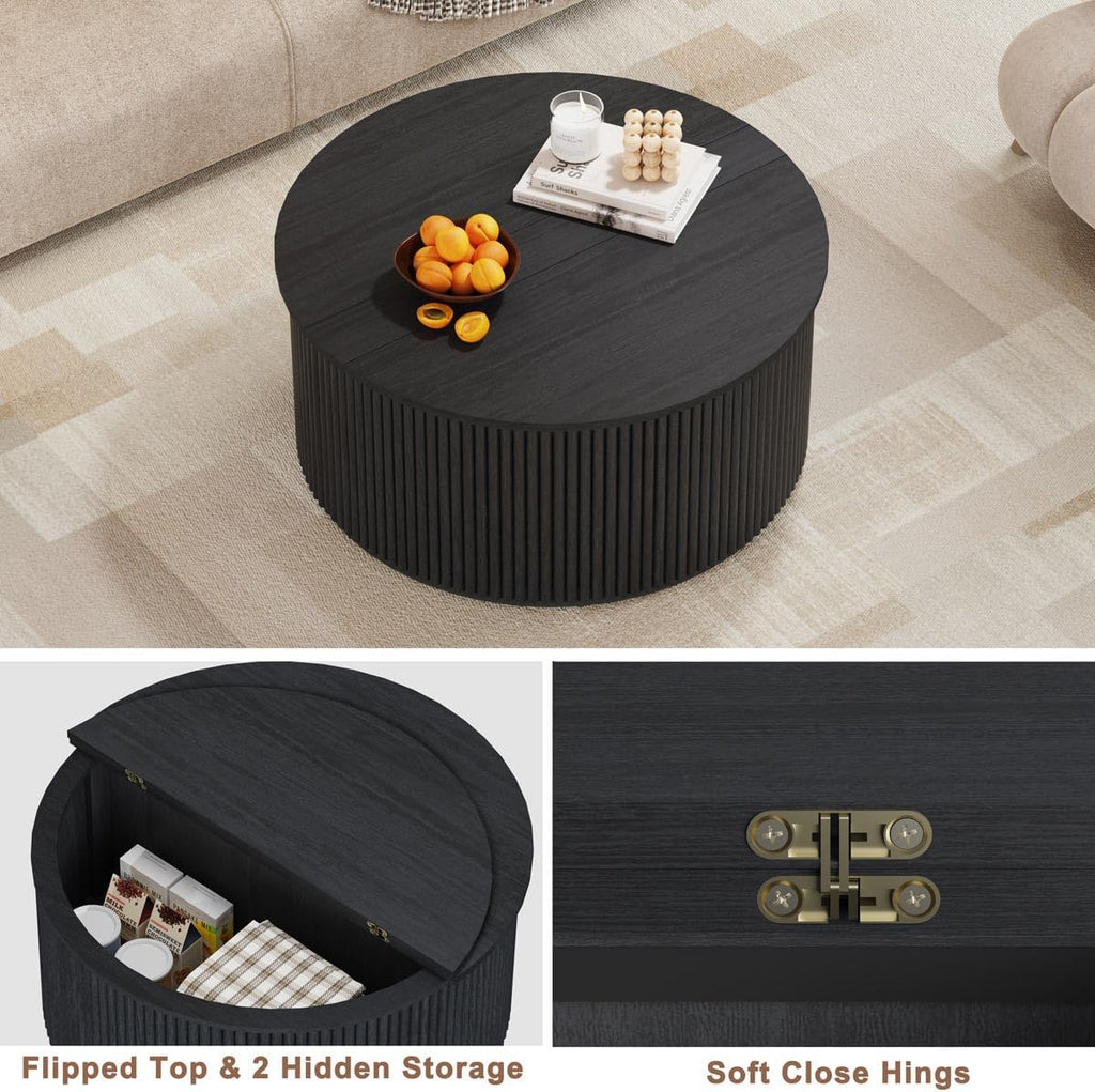 FATORRI Round Coffee Table with Storage, 31.5 Inch Modern Fluted Center Table, Woodern Accent Coffee Tables for Living Room, Black