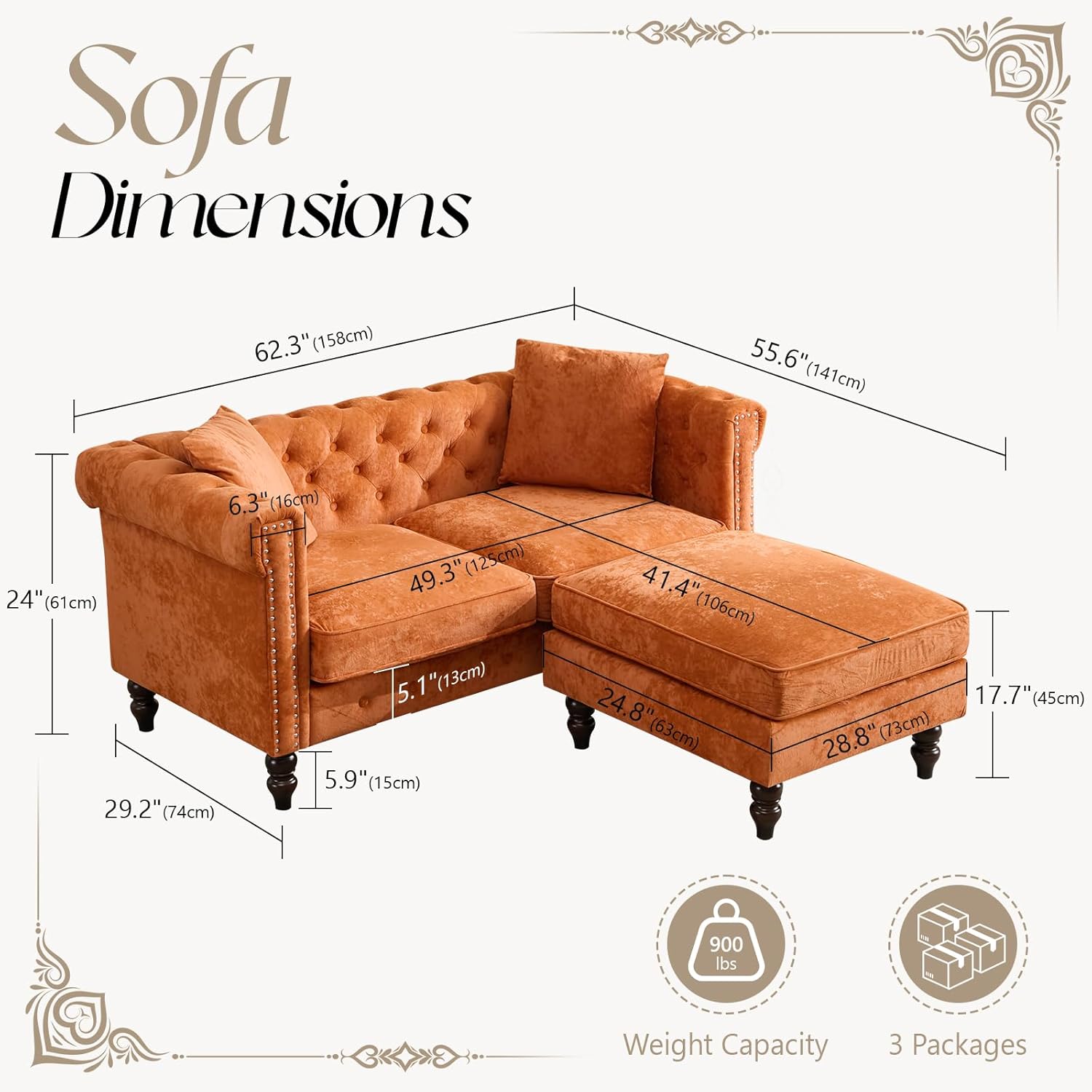 62" Chesterfield Tufted Velvet Sofa Couch with Gourd Wooden Legs, Classic Loveseat Sofa Couch with Nailhead Trim and Flared Arms, Comfy Loveseat Sectional with Chaise for Living Room, Orange