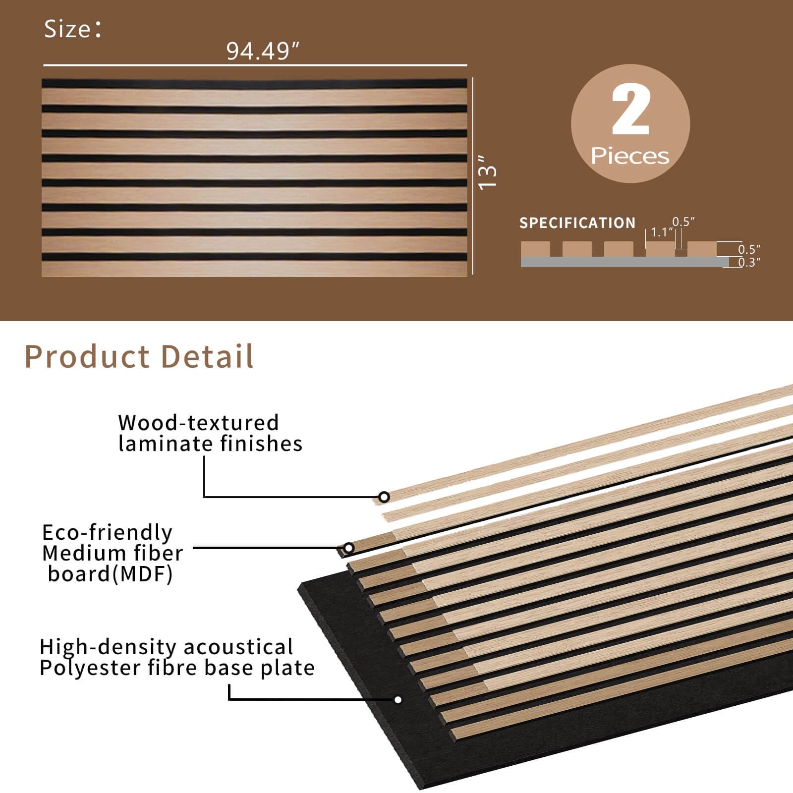 Acoustic Wood Panels for Wall - Modern Wood Slat Wall Panel, Wood Slat Panels for Wall, Noise Cancelling & Absorbing Wooden Veneer Panels, 94.49” x 13” Each, 0.82” Depth (2Pcs) (Oak_ZFH02)