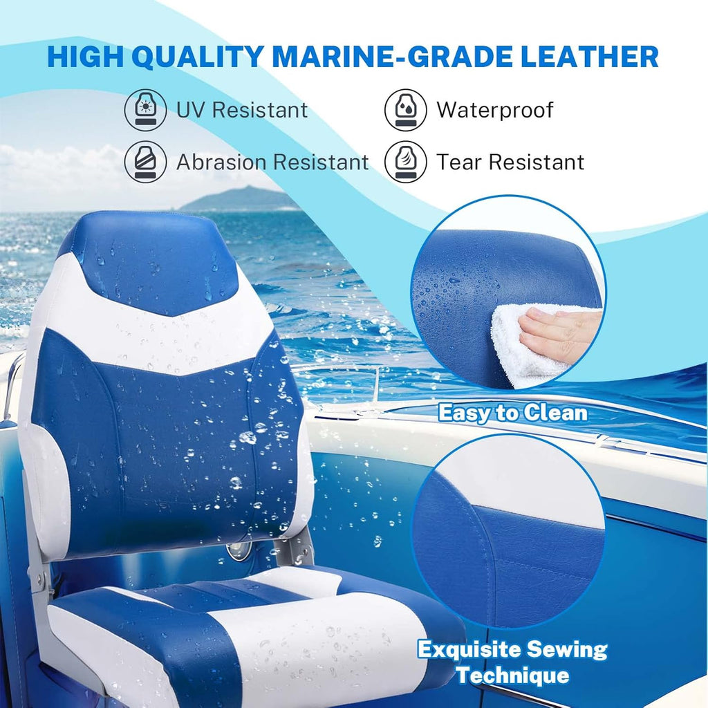 Dreizack Boat Seats 2 Packs, Folding High Back Fishing Waterproof Universal Pontoon Boat Seat Bass Tracker Boat Chairs with Stainless Steel Screws, Aluminum Hinges and Thickened Cushion