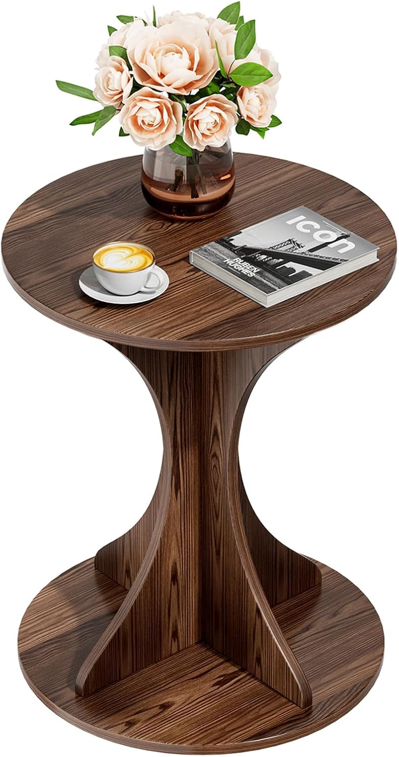 Small Round Side End Table - Wood Accent Coffee Table for Living Room, Modern Circle Nightstand with Pedestal for Small Spaces Bedroom Sofa, Vintage Corner Couch Bedside Table (Rustic Brown)