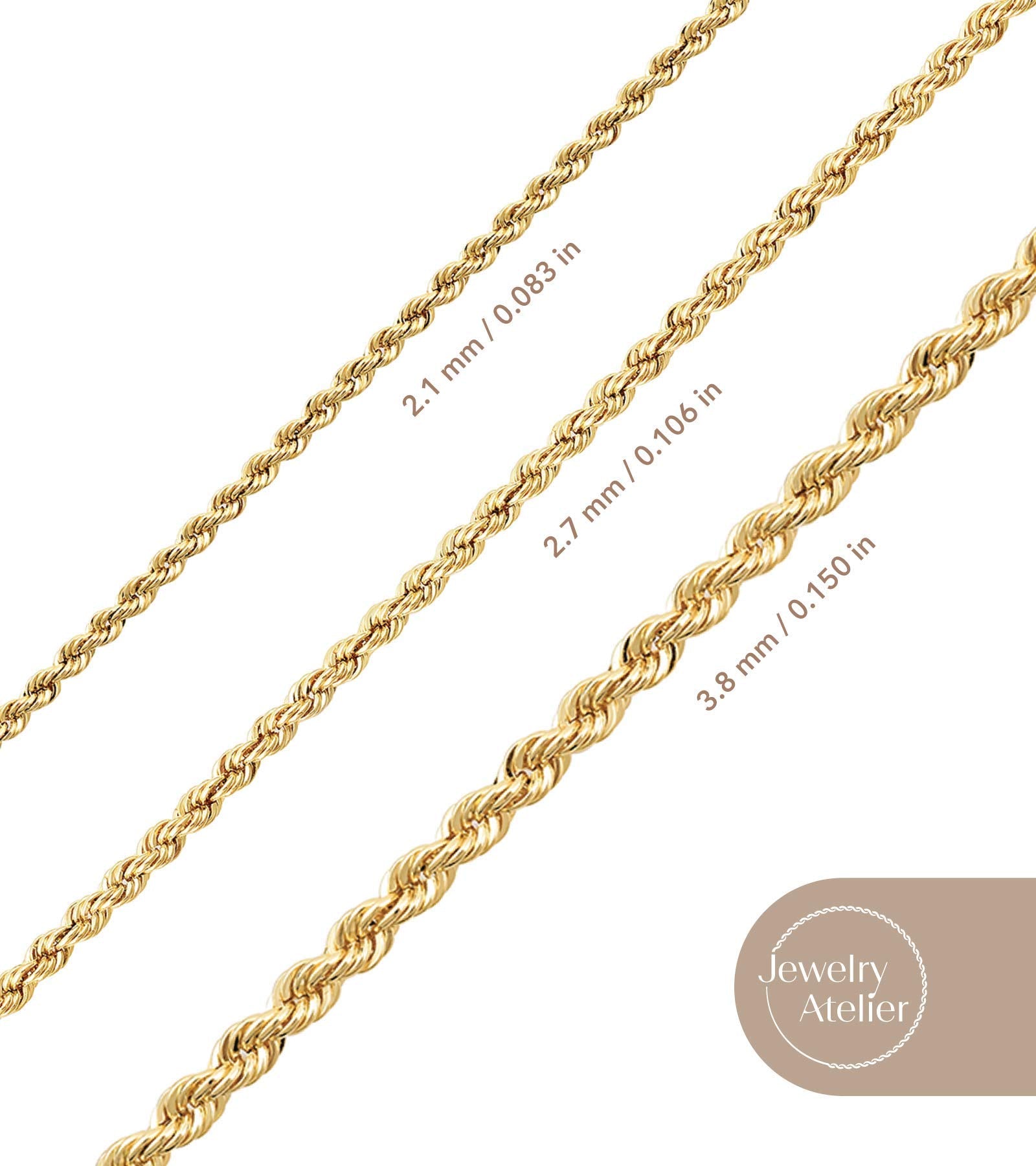 Jewelry Atelier Gold Chain Necklace Collection - 14K Solid Yellow Gold Filled Rope Chain Necklaces for Women and Men with Different Sizes (2.1mm, 2.7mm, or 3.8mm) - Grand Goldman