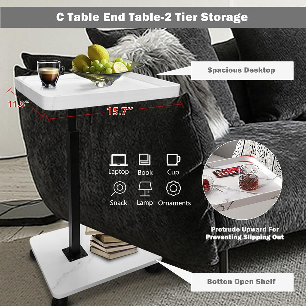 TV Tray Table,360° Swivel Height Adjustable TV Tray for Drink&Snack,Couch Tables That Slide Under,C Shaped End Table with Wheels,Small C Shaped Side Table Living Room&Bedroom-Square White