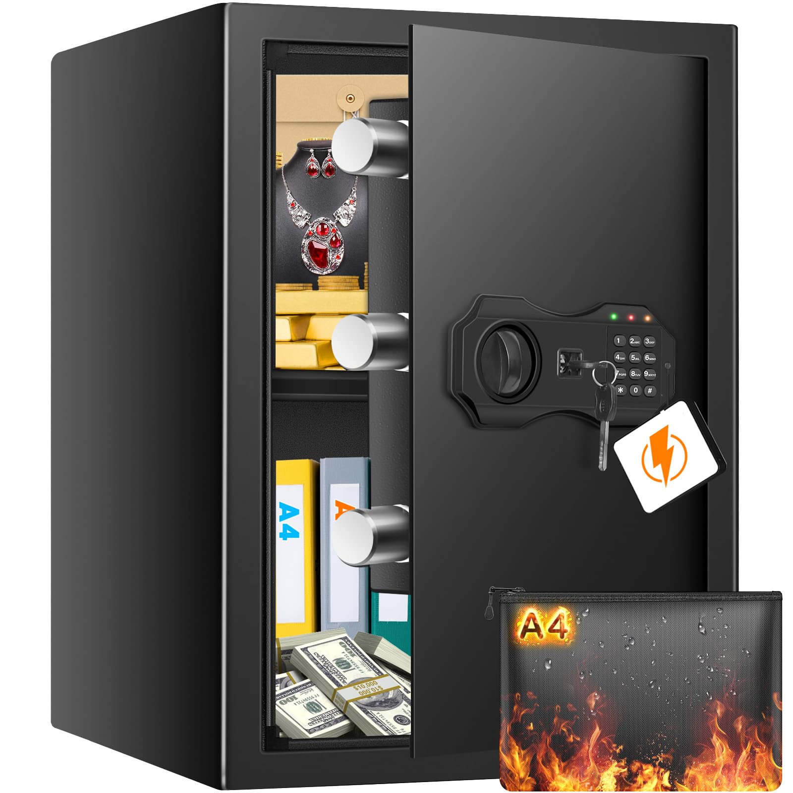 Coffre-fort domestique grand 3,0 pi³ avec sac ignifuge et étanche, coffres-forts numériques pour la maison avec serrure à clavier et clé, coffre-fort pour documents et argent, coffre de sécurité pour bureau, hôtel et usage personnel