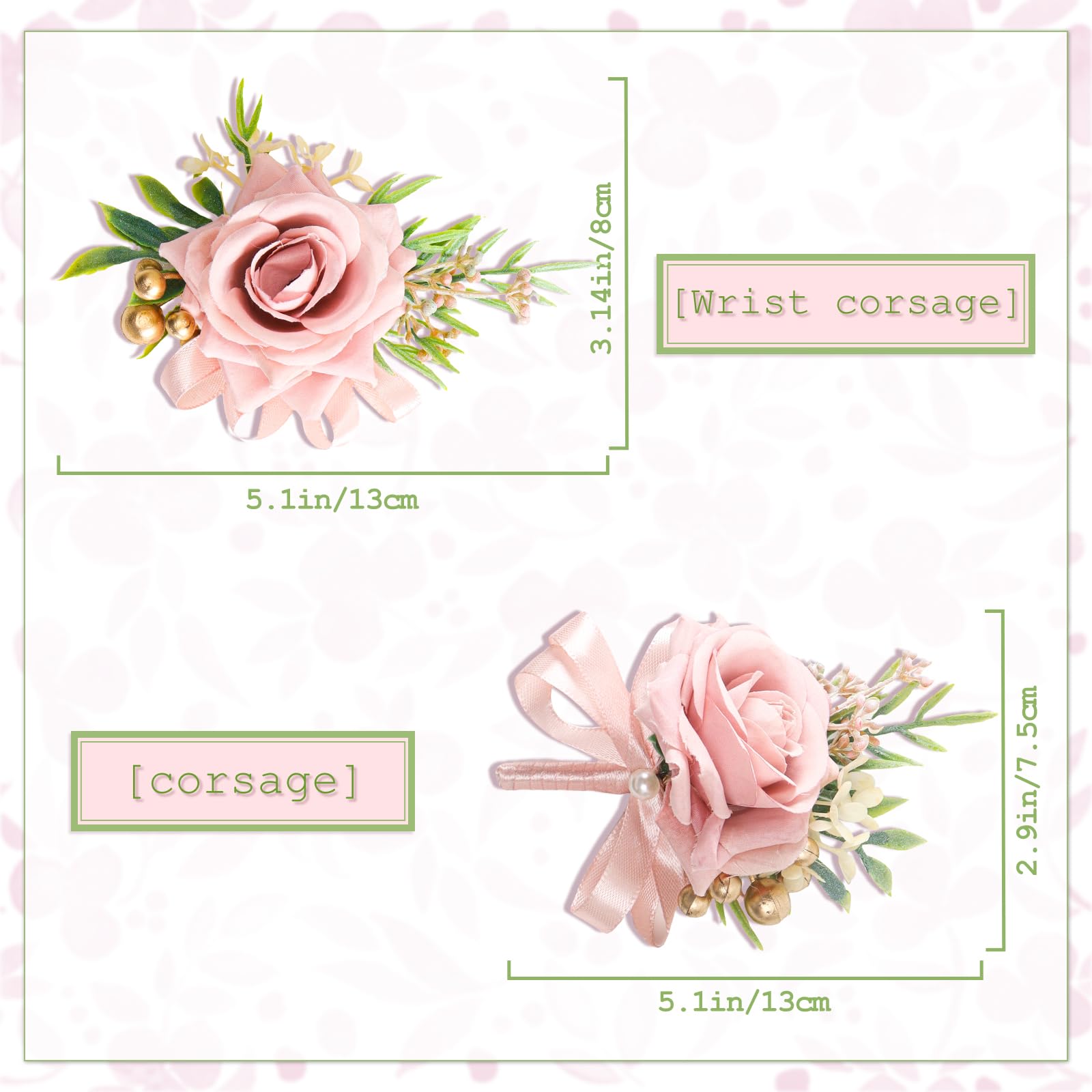 AEDOVE 2 Pcs Pink Rose Wrist Corsage and Boutonniere Set, Rose Corsage Hand for Women, Boutonniere for Men Wedding Artificial Flowers Accessories Prom Decor, Wedding Flower Party Accessories (Pink)