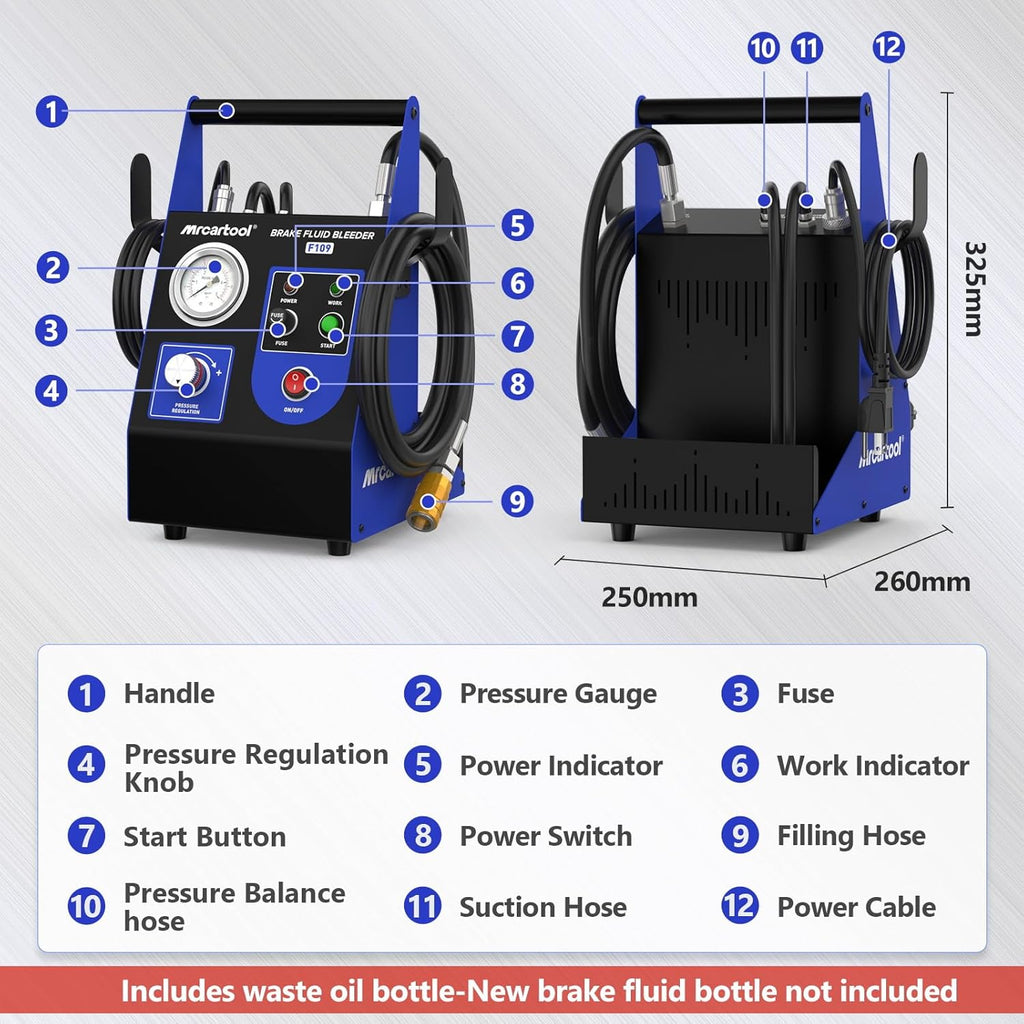 BELEY Brake Bleeder Kit 110V Brake Fluid Bleeder Machine Kit Adjustable 0.7-2.5 Bar Pressure & Flow Microcontroller System for Single User Includes 52MM Master Cylinder Adapter & Oil Bottle