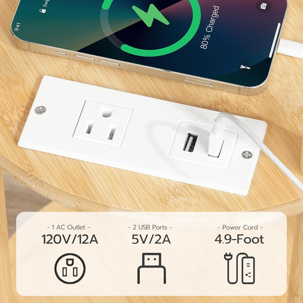 HOOBRO Set of 2 Small Round Side Tables with Charging Station, 3-Tier Round Bamboo End Tables, Easy Assembly, for Living Room, Bedroom, Apartment, Natural YL152UBZP201