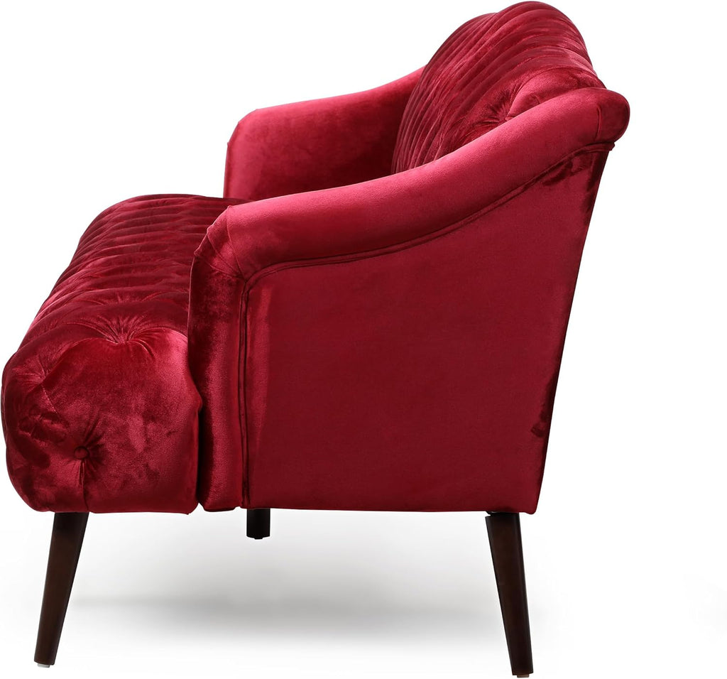Modern Wingback Tufted Velvet Loveseat, 73.25" 3 Seat Sofas Settee Bench Banquette Chesterfield Love Seat with High Back Thick Padded Cushioned Upholstered Couch for Living Room, Victorian Style, Red