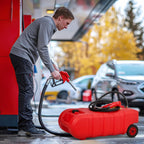 15 Gallon Gas Can, Fuel Tank Container with LE Fluid Transfer Manual Siphon Pump & 10FT Hose, Portable Diesel Gas Storage Caddy with Wheels for Car, ATV, Weeder, Boat, etc., Red