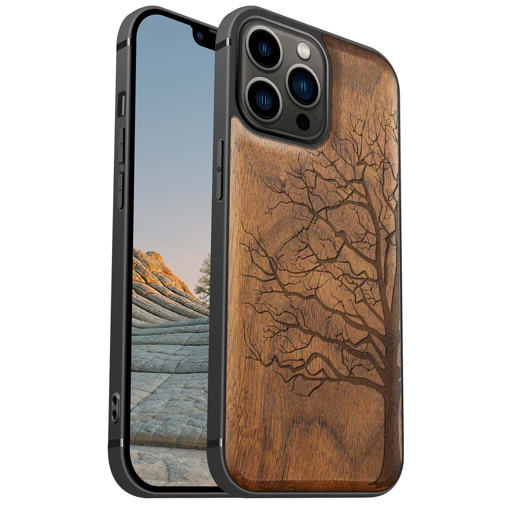 Carveit Magnetic Wood Case for iPhone 13 Pro Max [Hard Real Wood & Soft TPU] Shockproof Hybrid Protective Cover Unique & Classy Wooden Case Compatible with MagSafe (Eternal Tree Carving-Walnut)