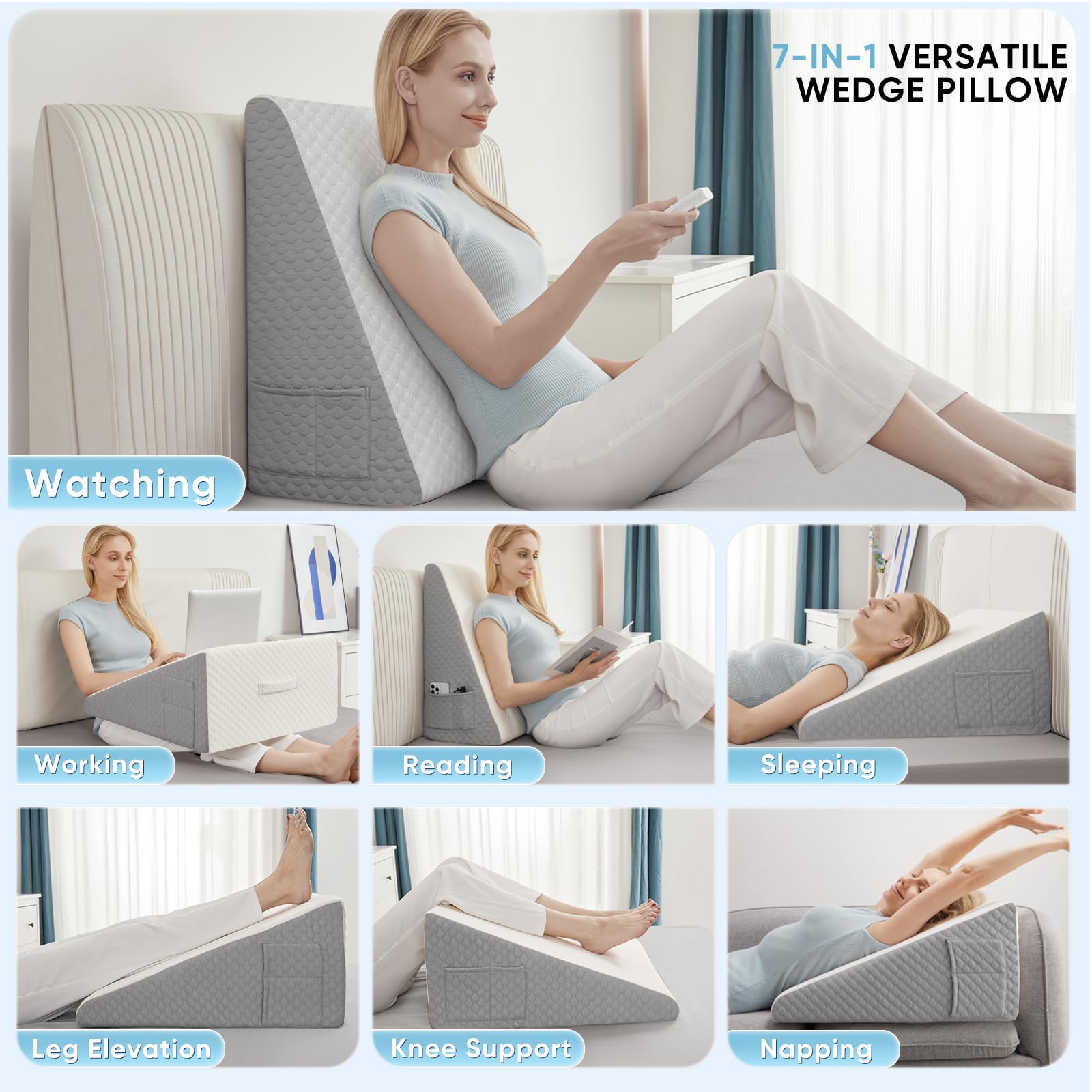 Forias Keilkissen zur Linderung von Säurereflux 12" Bettkeilkissen für Kopfteil Dreieckskissen Keil zum Schlafen nach Operationen Beine Rückenschmerzen GERD Schnarchen, weiche Memory-Schaum-Oberseite & waschbarer Bezug