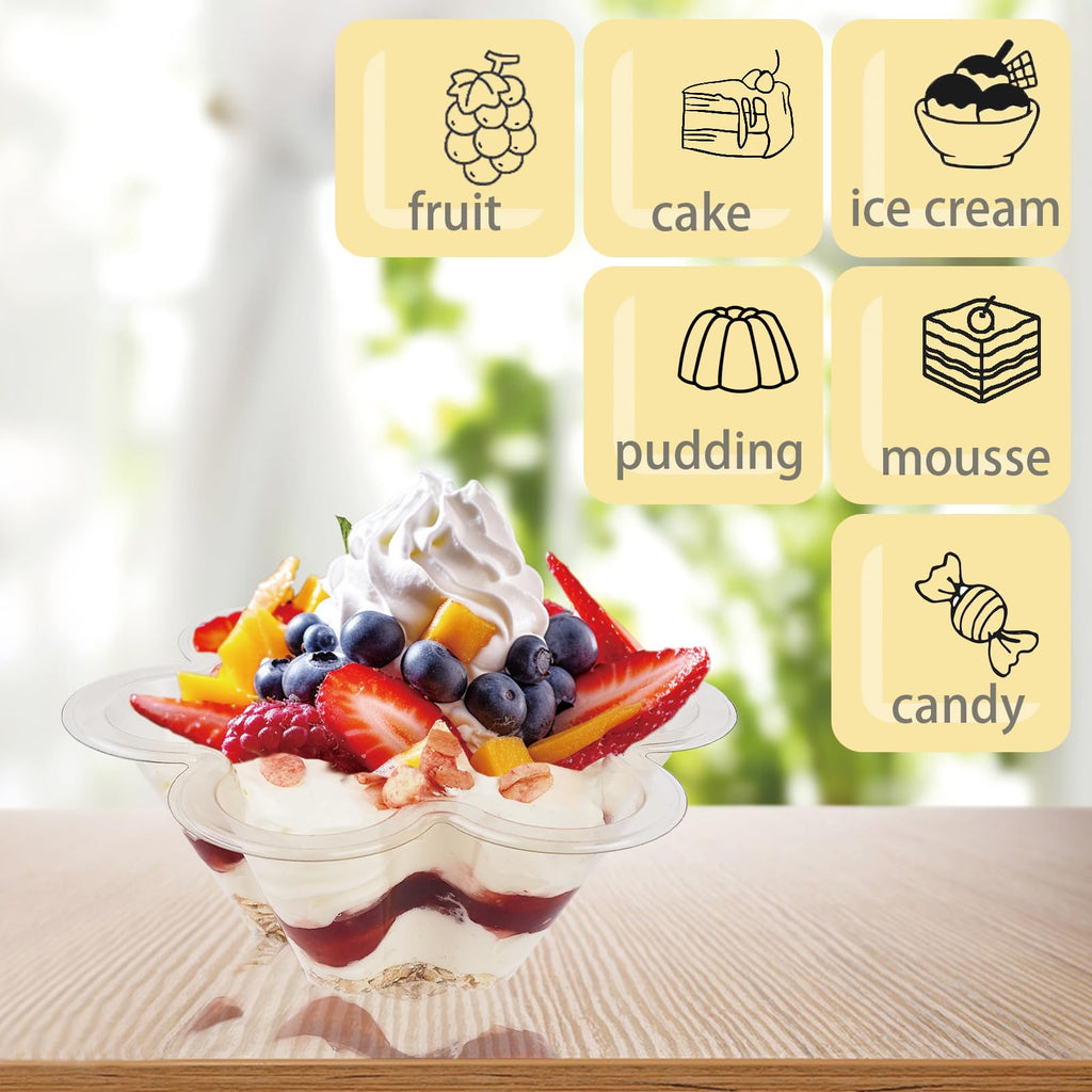 Legredic 50 Stück 8oz Plastik-Dessertbecher mit Löffeln, klare, blumenförmige Eisschalen, Party-Sundae-Servierschalen, Parfait-Vorspeisenbecher für Eis, Nüsse und Salat