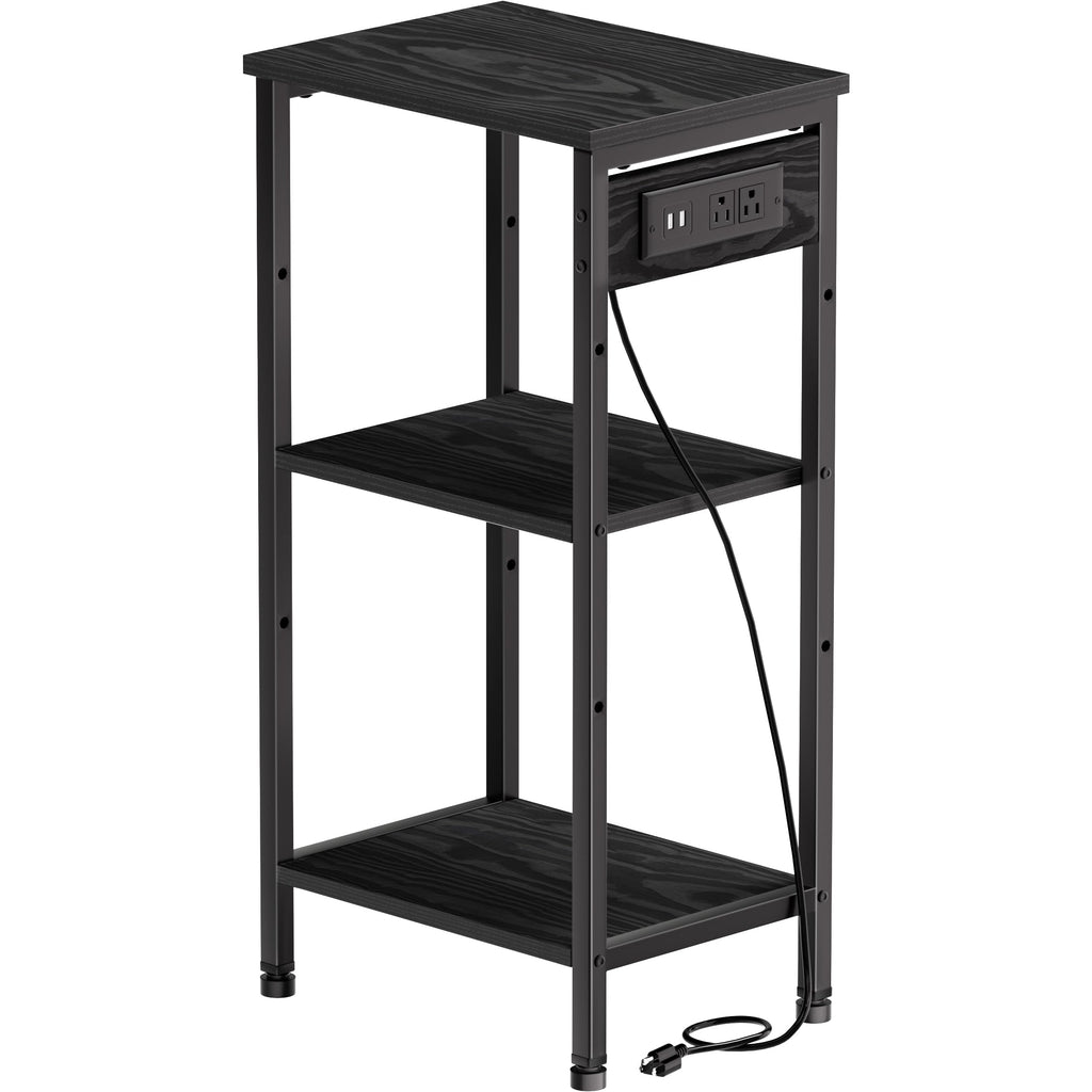 Tall End Table with Charging Station, 3 Tier Narrow Tall Nightstand with Storage, Slim Side Table with USB Ports and Outlets for Bedroom, Living Room, Office, Rustic Brown and Black