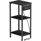 Tall End Table with Charging Station, 3 Tier Narrow Tall Nightstand with Storage, Slim Side Table with USB Ports and Outlets for Bedroom, Living Room, Office, Rustic Brown and Black