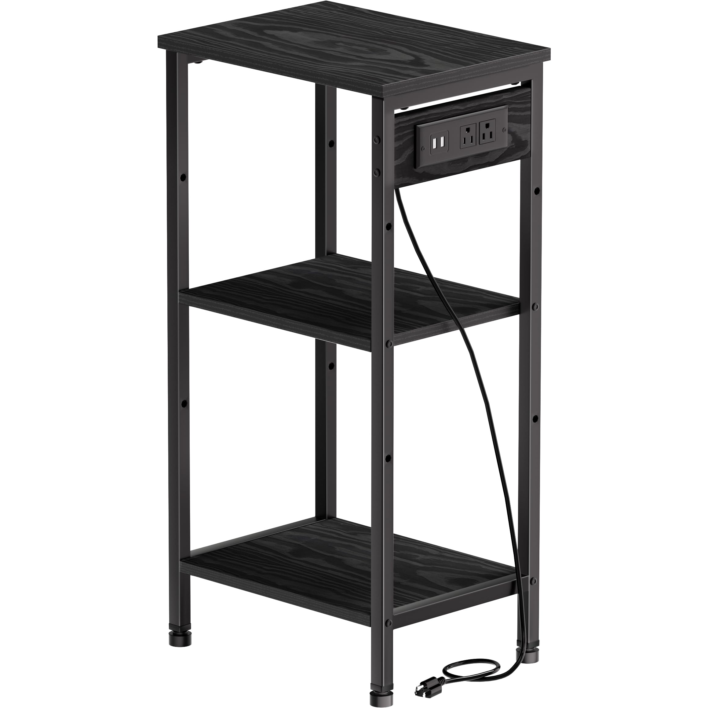 Tall End Table with Charging Station, 3 Tier Narrow Tall Nightstand with Storage, Slim Side Table with USB Ports and Outlets for Bedroom, Living Room, Office, Rustic Brown and Black