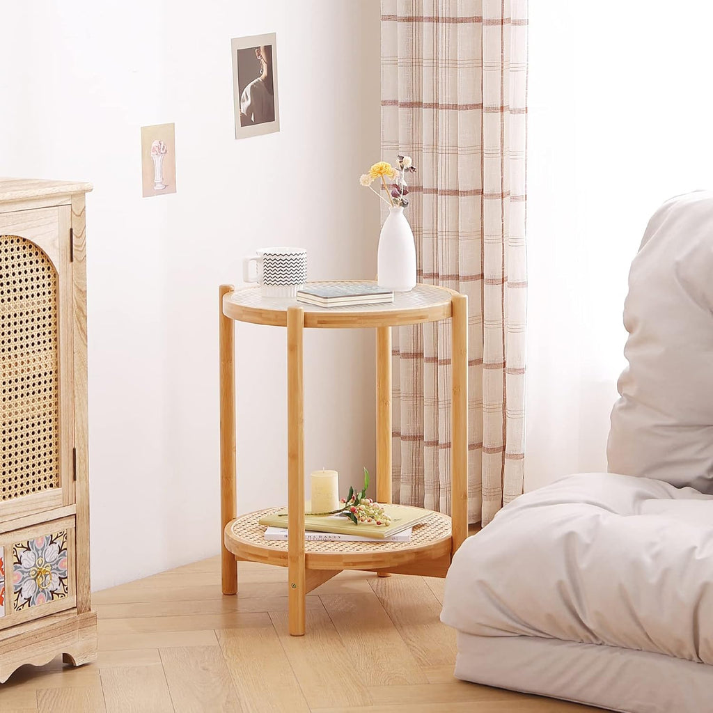 Tiita Rattan Coffee Table, Round End Table, 19.7Inch Modern Side Table, Small Bamboo Living Room Side Table, Glass Sofa End Table for Balcony and Office Outdoor/Indoor (Wood)