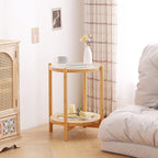 Tiita Rattan Coffee Table, Round End Table, 19.7Inch Modern Side Table, Small Bamboo Living Room Side Table, Glass Sofa End Table for Balcony and Office Outdoor/Indoor (Wood)