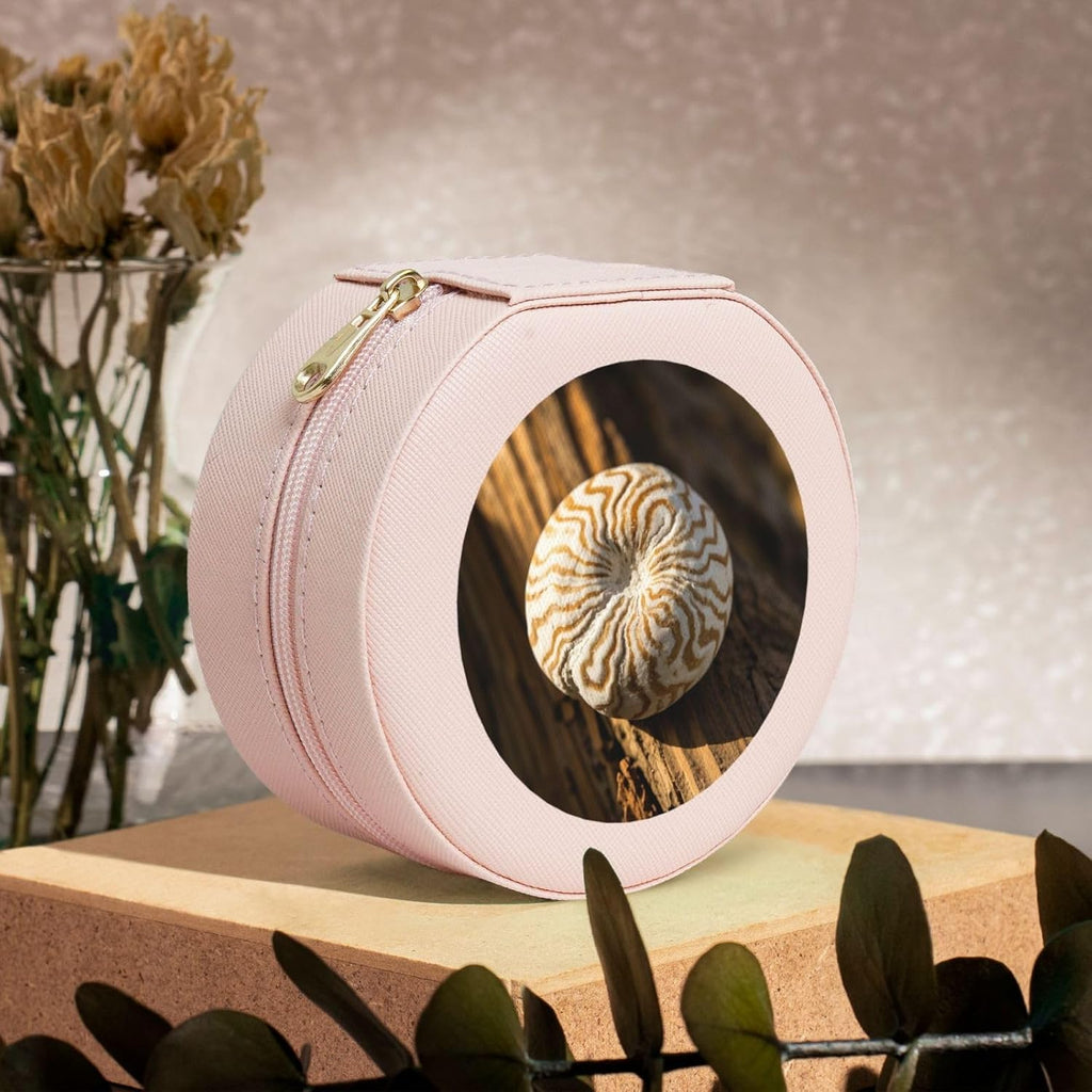 Petoskey Stone Print Round Leather Jewelry Box,Portable Mini Jewelry Home or Travel Storage Box,Used to Store Rings,Earrings,Necklaces,and Bracelets