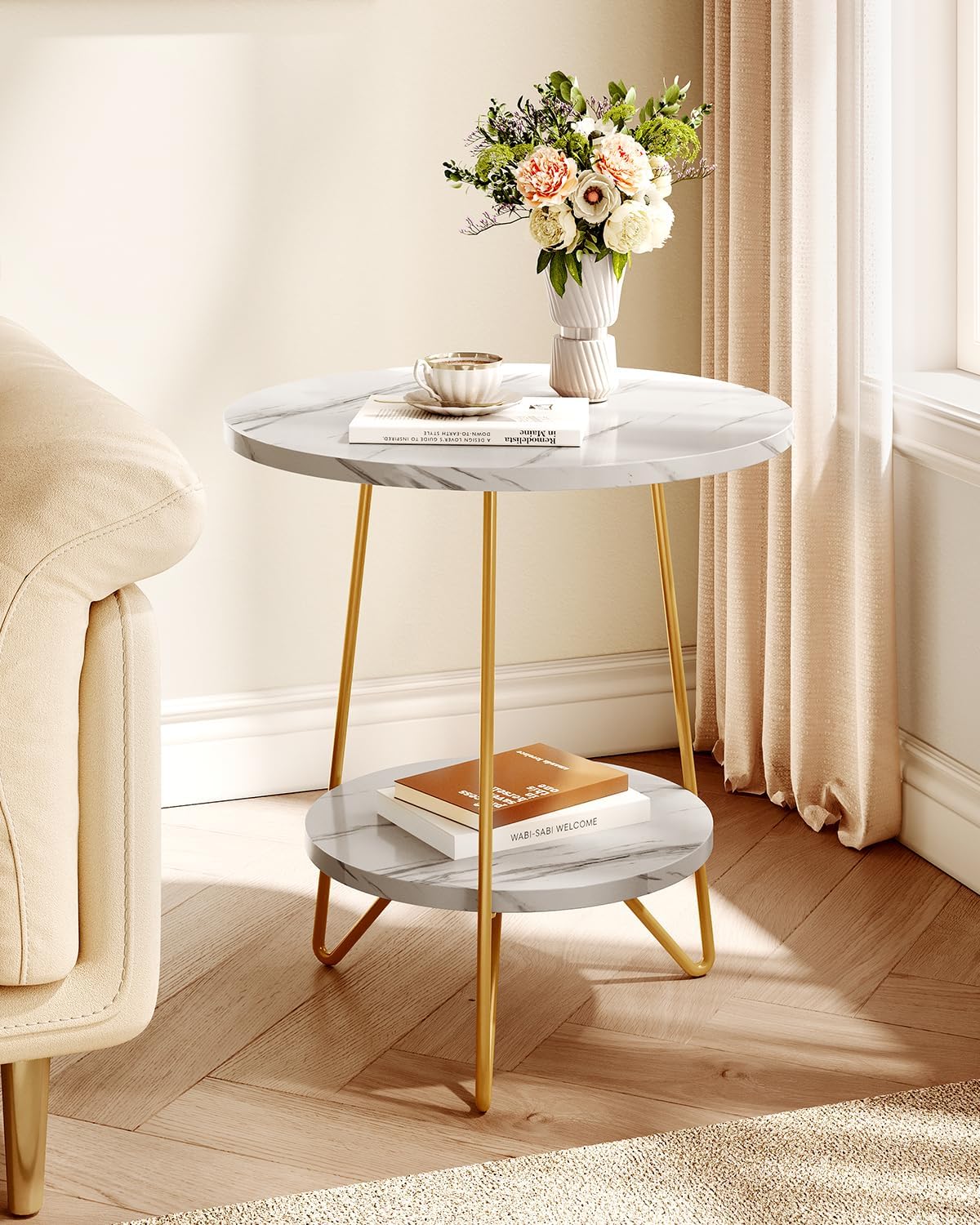 LITTLE TREE 2 Tier Faux Marble End Table Round Side Table with Shelves Small Coffee Accent Table for Living Room, White and Gold
