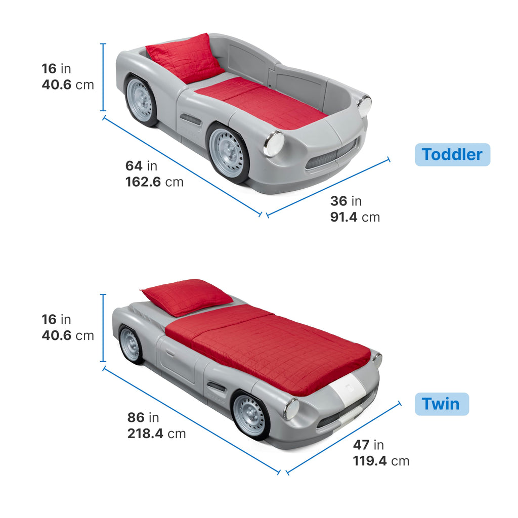 Step2 Roadster Toddler-to-Twin Bed, Transition Race Car Bed for Boys & Girls, Adjustable, Made of Durable Plastic, For Toddlers 3+ Years Old, Gray