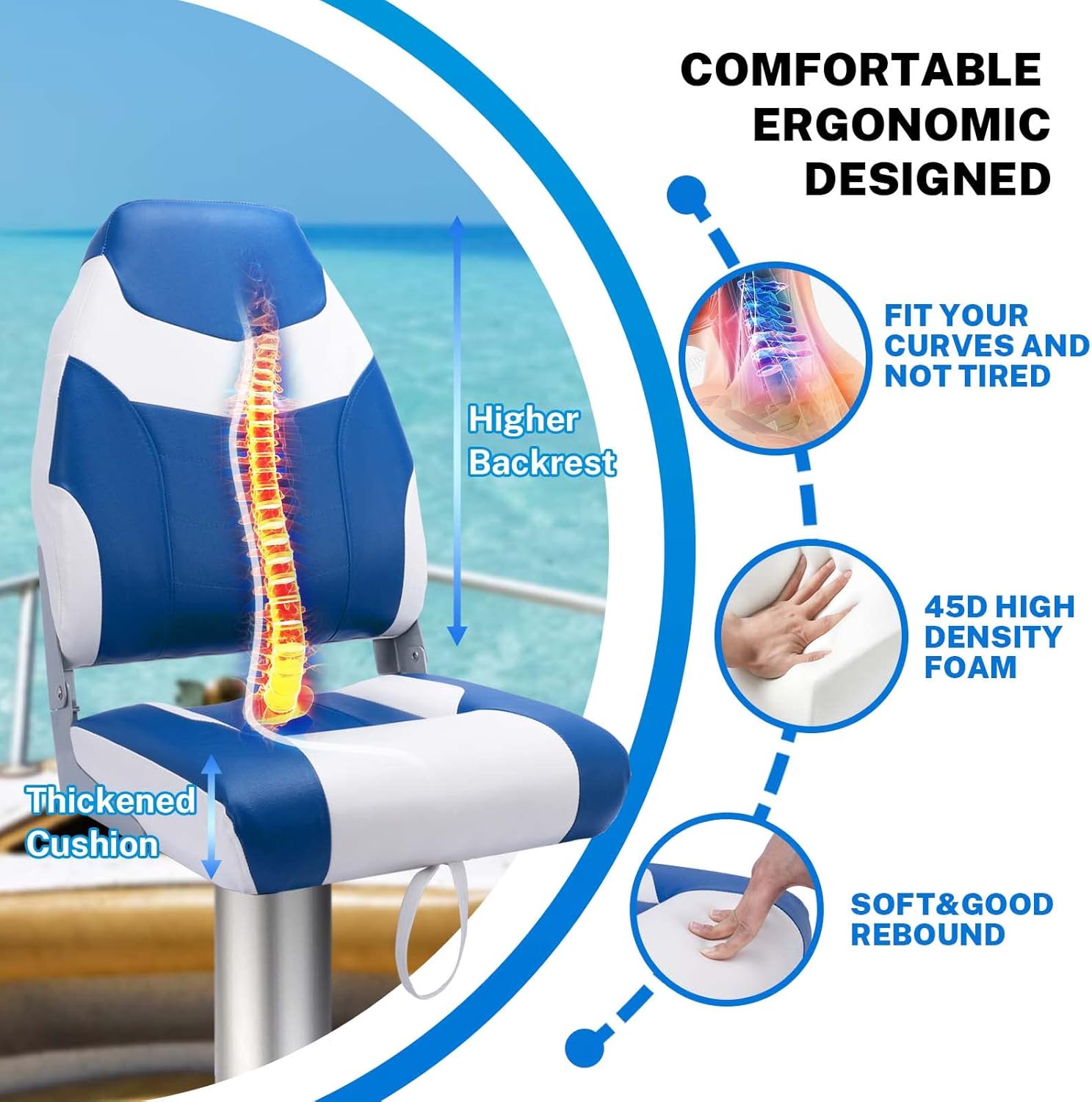 Dreizack Boat Seats 2 Packs, Folding High Back Fishing Waterproof Universal Pontoon Boat Seat Bass Tracker Boat Chairs with Stainless Steel Screws, Aluminum Hinges and Thickened Cushion