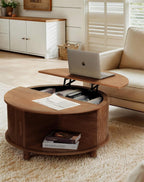 Round Lift Top Coffee Table with Storage, Mid Century Modern Center Table with 180° Sliding Tambour Door, Small Circle Wood Fluted Dining Table for Living Room, Walnut