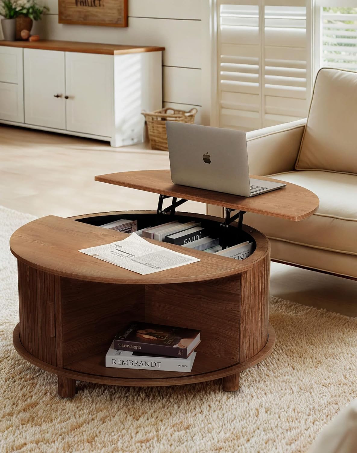 Round Lift Top Coffee Table with Storage, Mid Century Modern Center Table with 180° Sliding Tambour Door, Small Circle Wood Fluted Dining Table for Living Room, Walnut