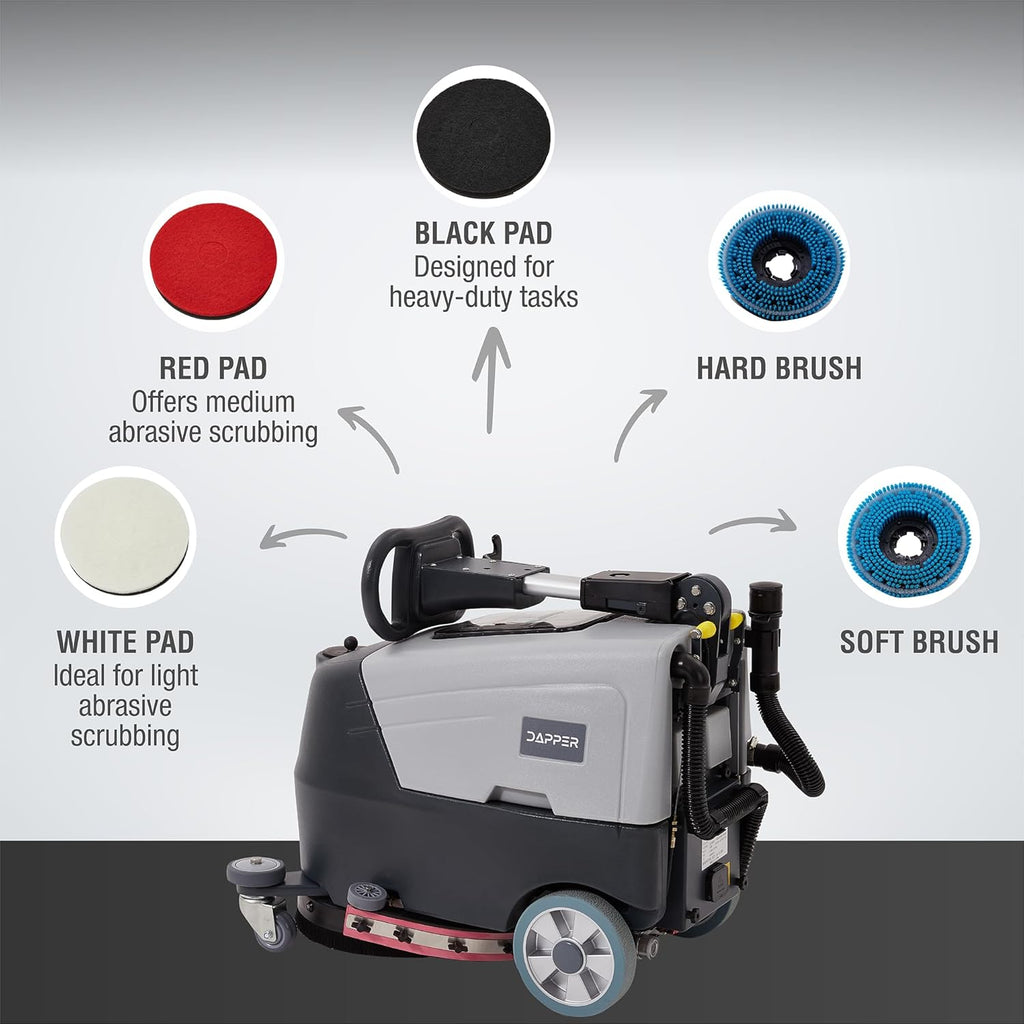 Battery Powered Walk Behind Floor and Carpet Scrubber Buffer Polisher Machine, 16" Brush, 21.5" Squeegee Width, 6.5 gal Tank, Brush Speed 200 RPM, Includes a Hard Brush Soft Brush and 3 Scouring pads