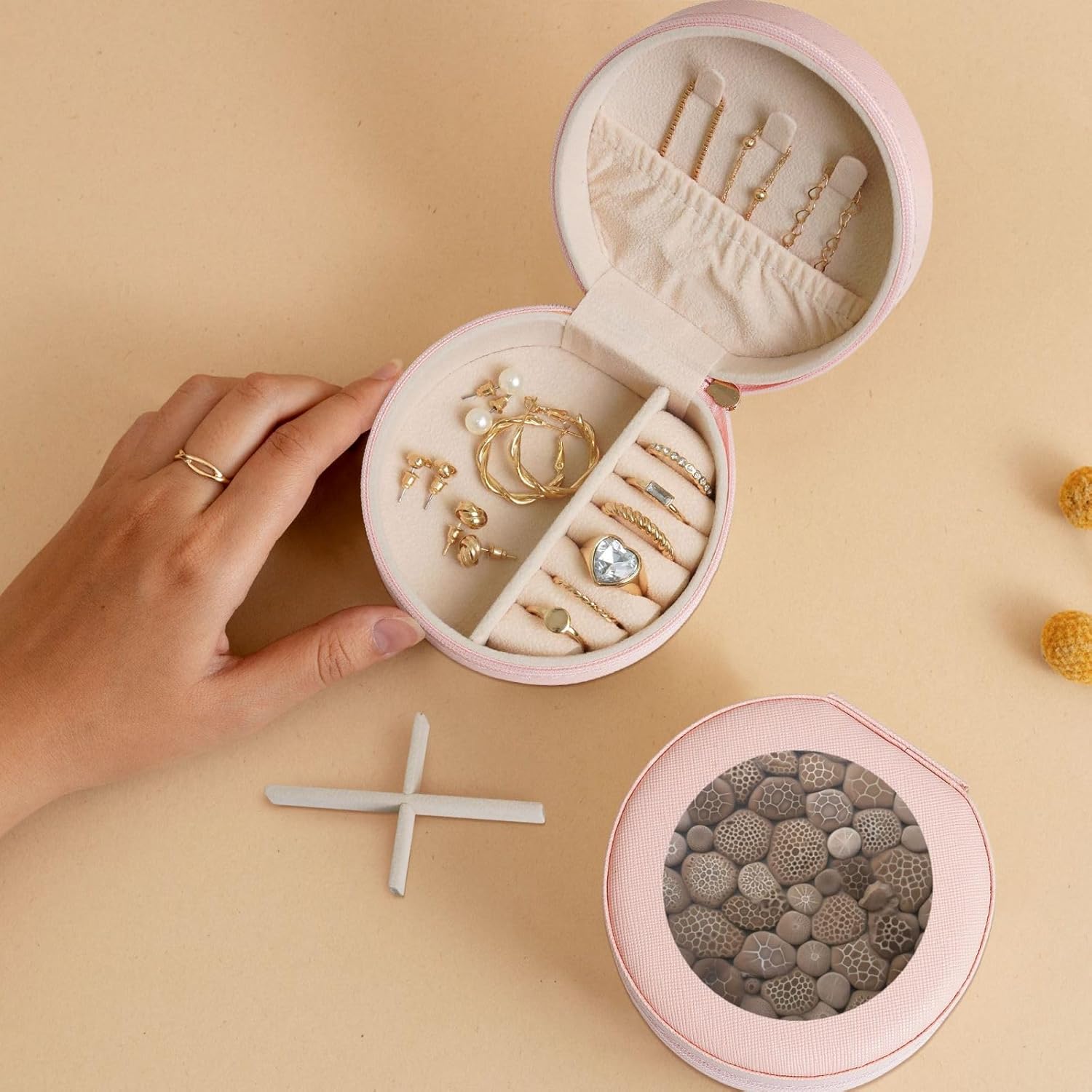 Petoskey Stone Jewelry Case Small Jewelry Box Gift for Women Leather Travel Jewelry Organizer Round Storage Purse with Zipper Display Storage Box for Rings Earrings Necklaces