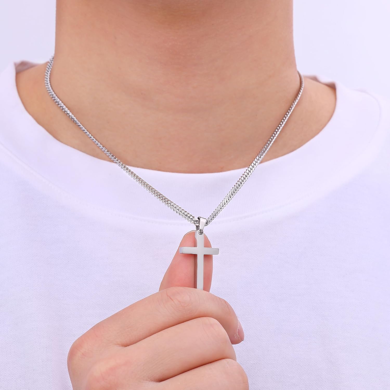 Fiusem Silver Tone Cross Necklace for Men, Mens Cross Necklaces with 3.5mm Chain and Stainless Steel Pendant, Cuban Chain 16-24 Inches