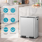 SUPER DEAL Kitchen Trash Can 16 Gallon 60L Dual Stainless Steel Garbage and Recycling Can with Foot Pedal for Kitchen, Living Room, Office, Removable Inner Buckets Soft Close Lid Odor Proof, Silver