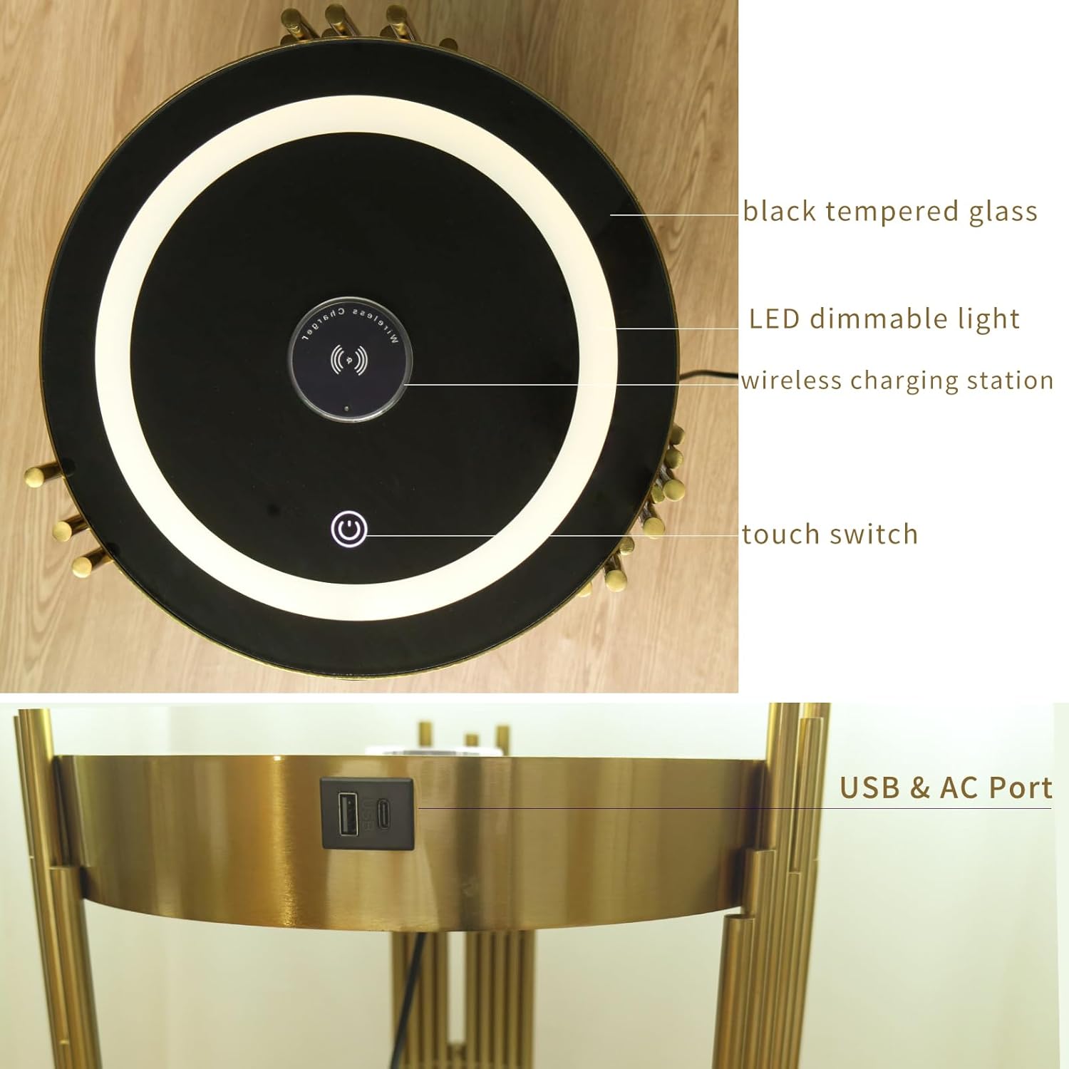 Gold Led Smart Round Nightstand with Drawer,Sofa Narrow End Table with Wireless Charging Station,Small Spaces Coffee Table/Bedside Table/Unique Accent Side Table