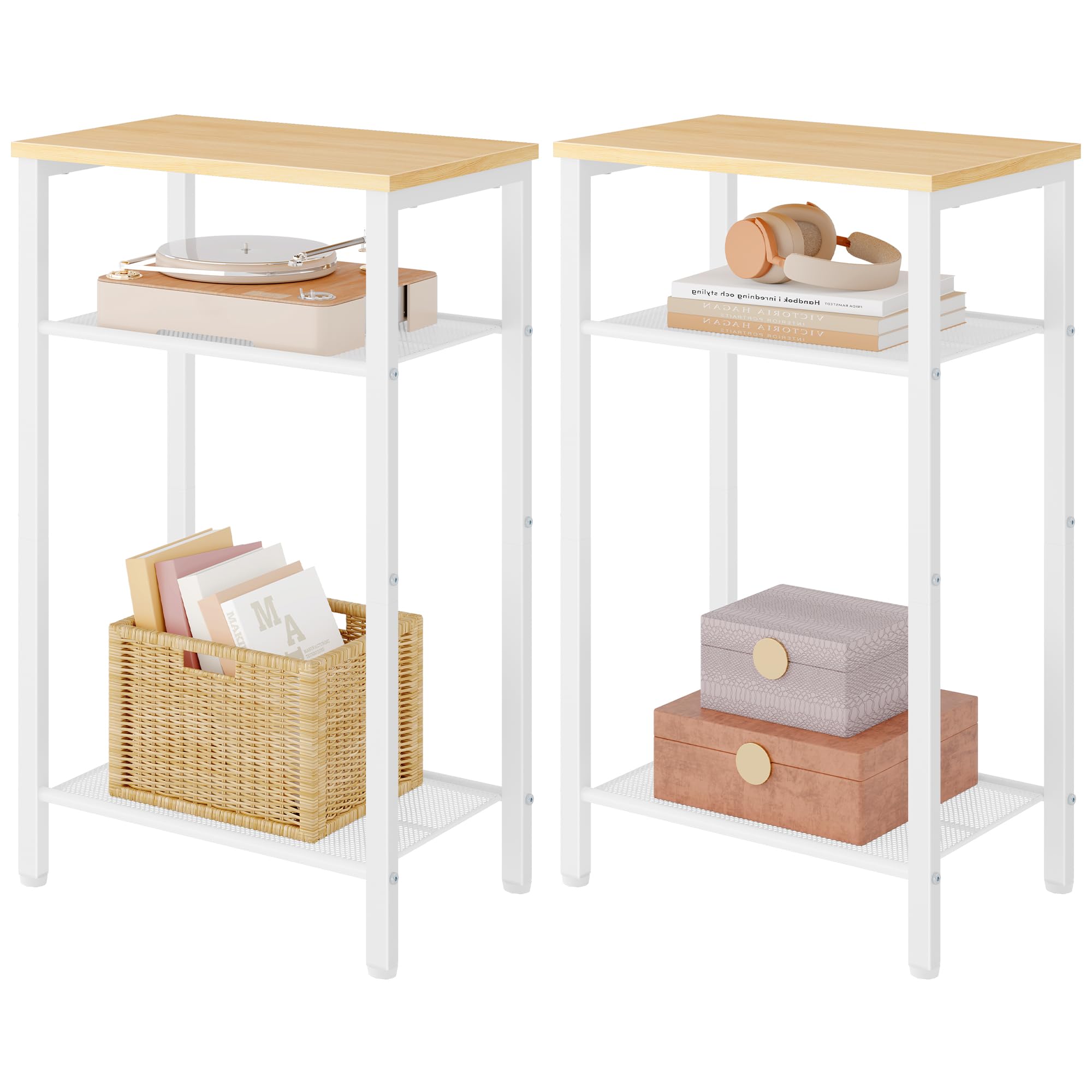 Hoctieon 3 Tier End Table, Telephone Table, Tall Side Table with Storage, Small Nightstand for Small Spaces, Metal Frame, For Living Room, Bedroom, Sofa Couch, Hall, Easy Assembly, Black