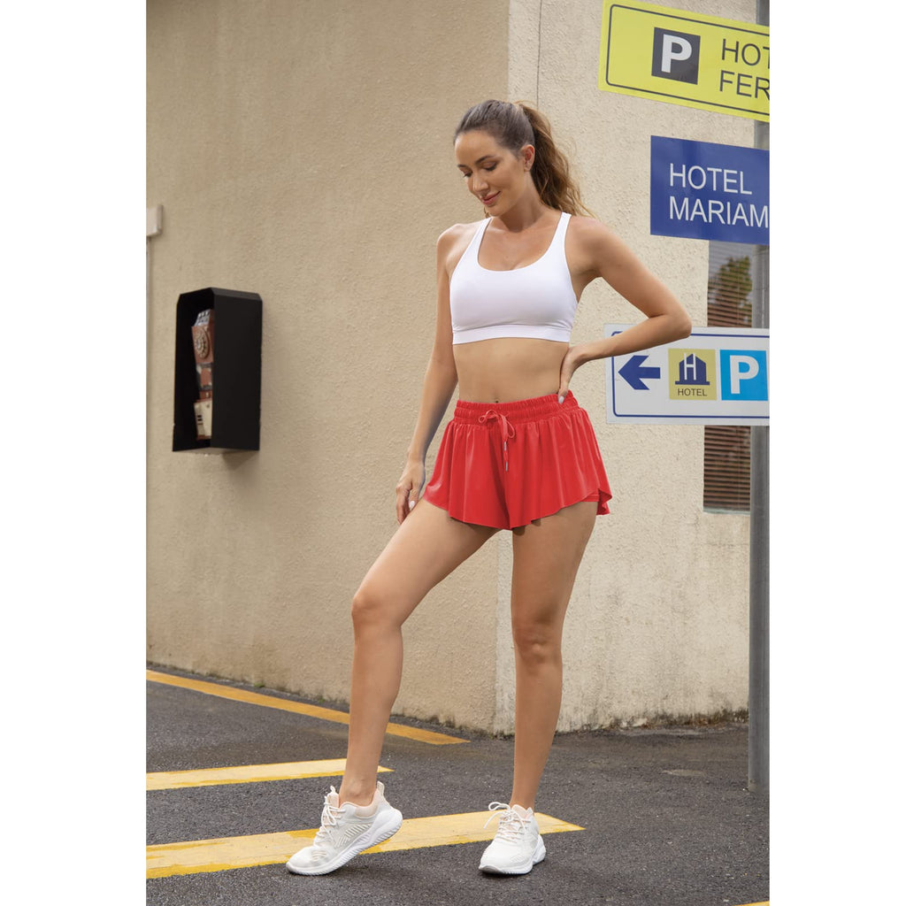 Fließende Sportshorts für Frauen Laufen Tennis Schmetterlingsshorts Mädchen 2-in-1 Doppelter Lagen Schnell trocknende Bequeme Shorts (Rot, XX-Klein)