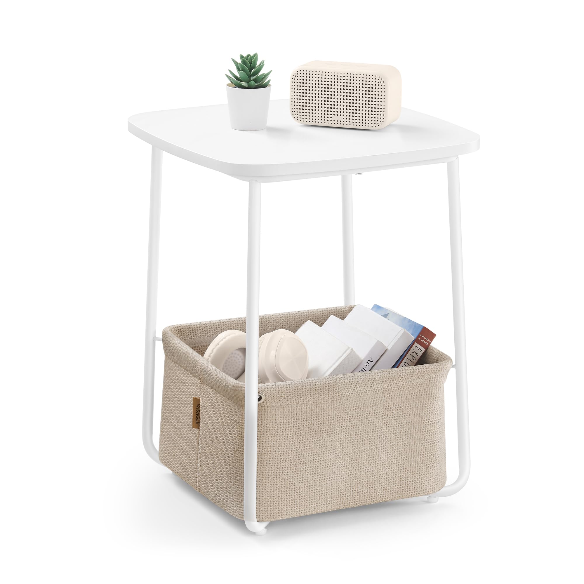 VASAGLE Small Round Side End Table, Modern Nightstand with Fabric Basket, Matte White and Camel Brown ULET223W10