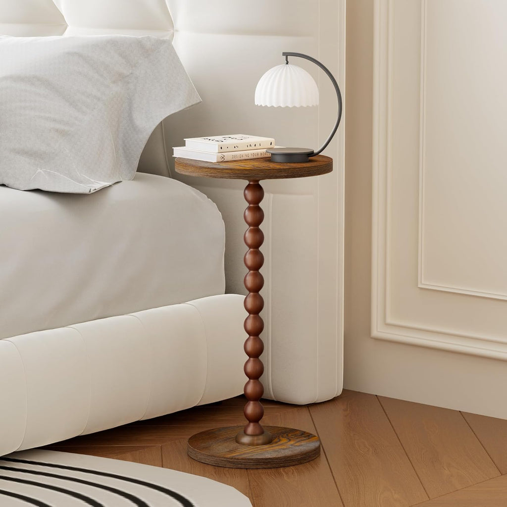 Round Side Table, Drink Table for Small Spaces, Modern Accent Nightstand with Rubberwood Leg for Living Room, Bedroom, Corners, and Office (Brown)