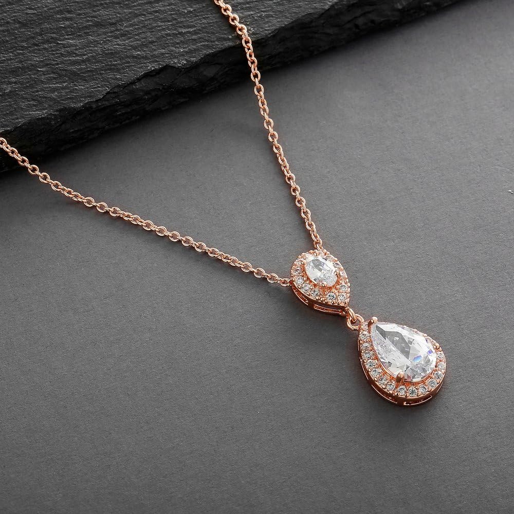 Mariell Rose Gold Cubic Zirconia Crystal Teardrop Bridal Wedding Pendant Necklace, Jewelry for Brides