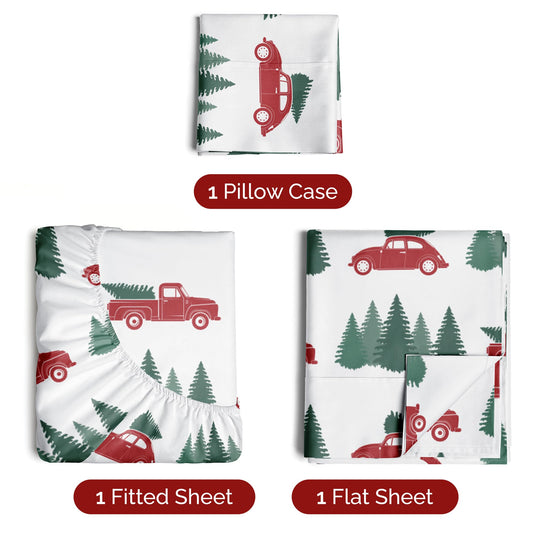 Queen Christmas Tree Sheet Set - Holiday Xmas Pattern Linen Set - Deep Pockets - Snug Fit - 4 Piece - Wrinkle Free - Comfy & Cooling Festive Winter Bedding - Easy To Care For - Kid Friendly