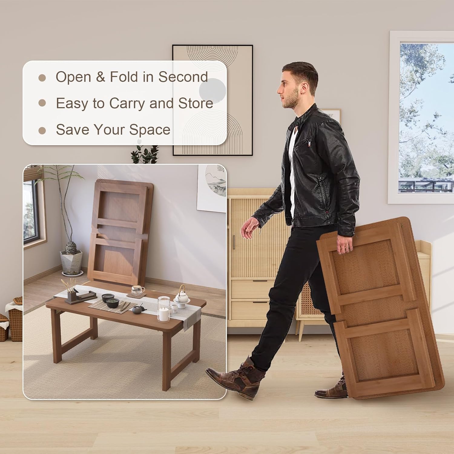 Folding Coffee Table for Living Room - No Assembly Rectangular Foldable Low Table, Japanese Natural Bamboo Wood Coffee Table for Small Space Bedroom, Study, Camping, 31.5" Desktop (Dark Brown)