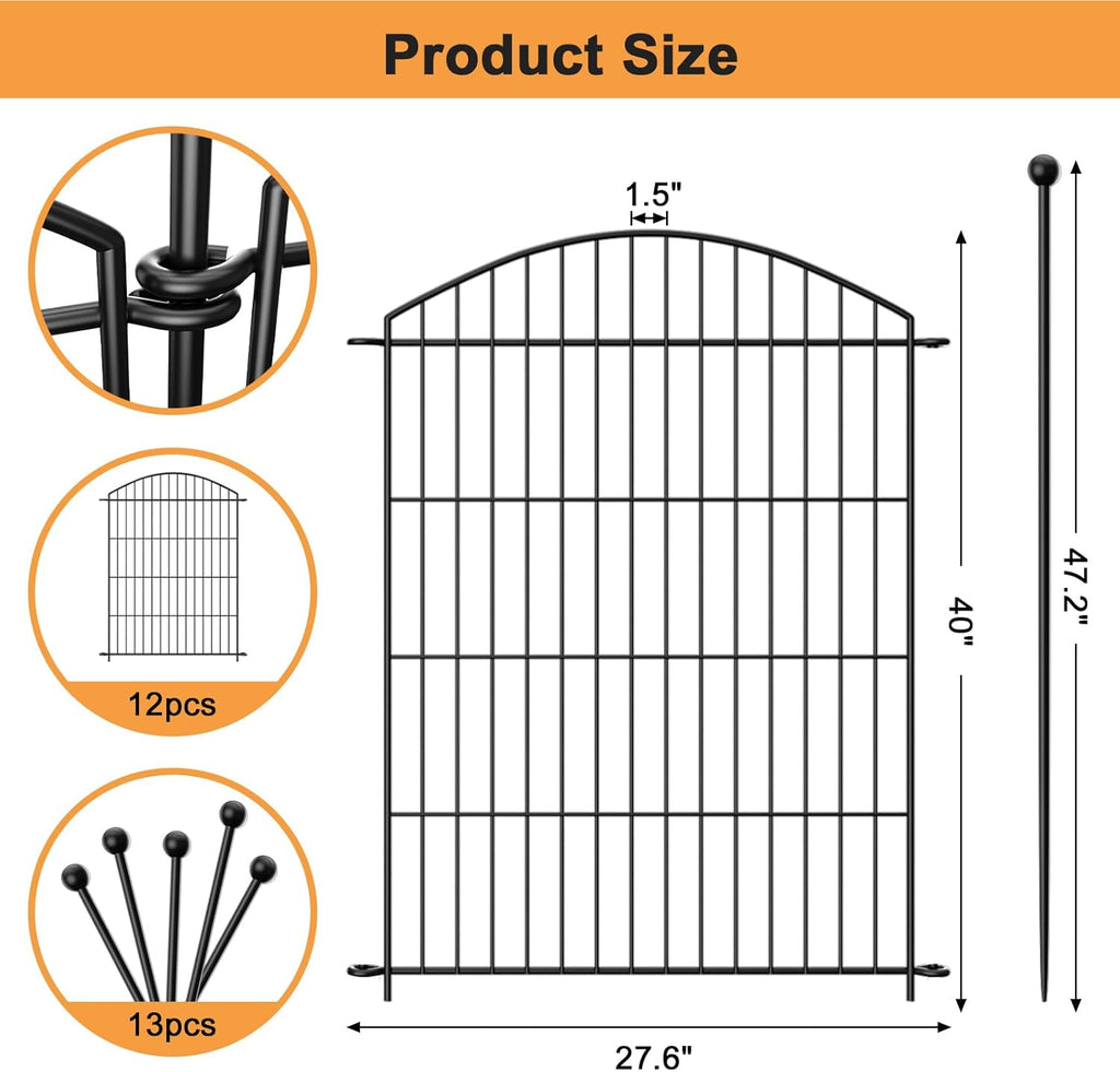 Decorative Garden Fence Animal Barrier with Gate 40 in(H)×27.6 Ft(L) 12 Panels, Dog Rabbit Fencing Arched Rustproof Metal No Dig Pet Outdoor Garden Fence for Yard, Patio, Flower Bed