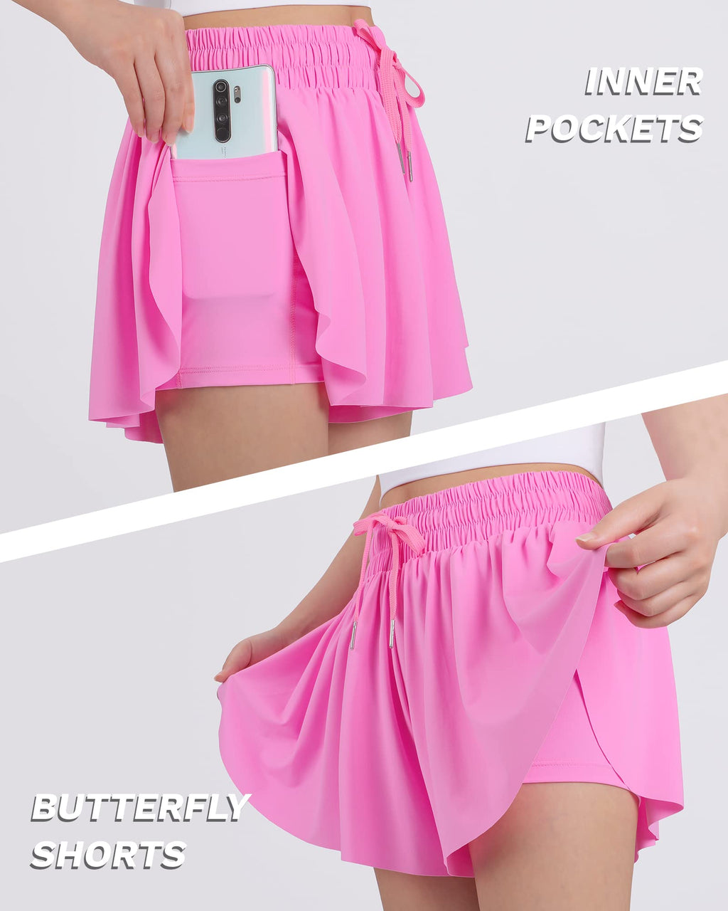 JOCMIC Pige Flydende Shorts, 2 i 1 Preppy Sommerfugl Shorts med Spandex Foring til Cheer Atletisk Gym Teenagere Casual Tøj Rosarød 8 År