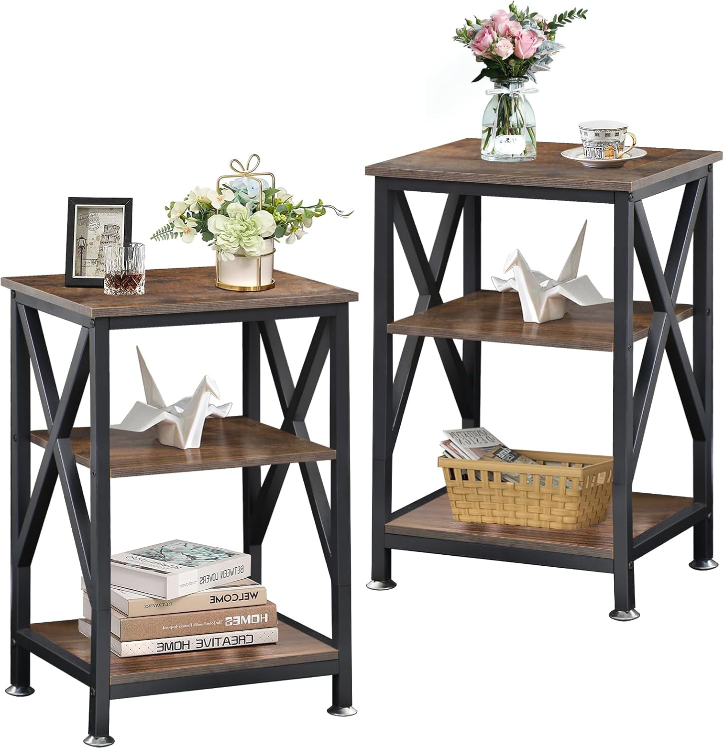 End Tables Living Room Set of 2 Farmhouse, Side Table with Storage Shelf, 16" W x 12" D x 24" H, 3 Tier Side Table Set of 2, X-Shaped Night Stands for Bedrooms, Coffee Table