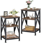 End Tables Living Room Set of 2 Farmhouse, Side Table with Storage Shelf, 16" W x 12" D x 24" H, 3 Tier Side Table Set of 2, X-Shaped Night Stands for Bedrooms, Coffee Table