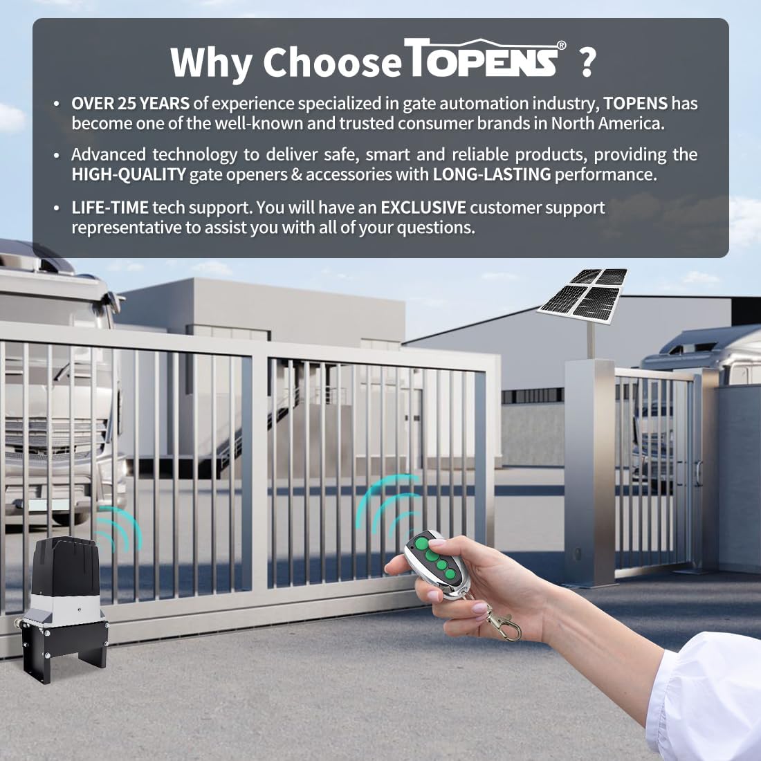 TOPENS DKC2000S Solar Sliding Gate Opener Chain Drive Automatic Gate Motor for Heavy Driveway Slide Gates Up to 4400 Pounds, Electric Gate Operator Battery Powered with Solar Panel Remote Control Kit