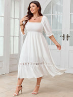SCOMCHIC Women's Plus Size Maxi Dress Short Sleeve Square Neck Smocked Flowy A-Line Lace Trim Boho Wedding Guest Dresses White