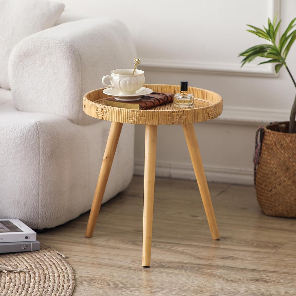 Round Rattan Side Table for Small Spaces, Boho Circle End Table Coffee Table with Solid Wood Leg for Living Room, Bedroom, Corners