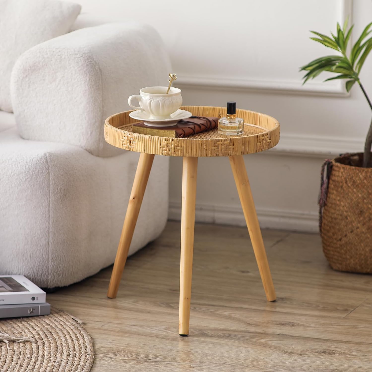 Round Rattan Side Table for Small Spaces, Boho Circle End Table Coffee Table with Solid Wood Leg for Living Room, Bedroom, Corners