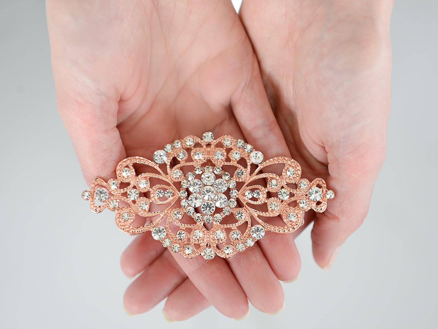 Mariell Vintage Bridal Crystal Brooch Pin, 4" Wide, Rose Gold Wedding Pin, Rhinestone Brooch for Brides and Wedding, Art Deco Fashion Accessory