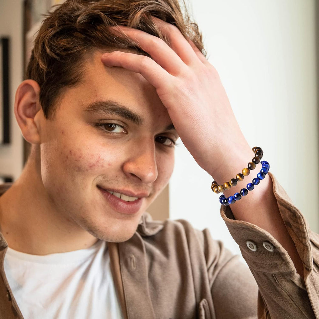 CASDAN 12PCS 8mm Semi-Precious Gemstones Beaded Bracelets for Men Women Tiger Eye Lava Rock Crystal Stone Bead Bracelets Set